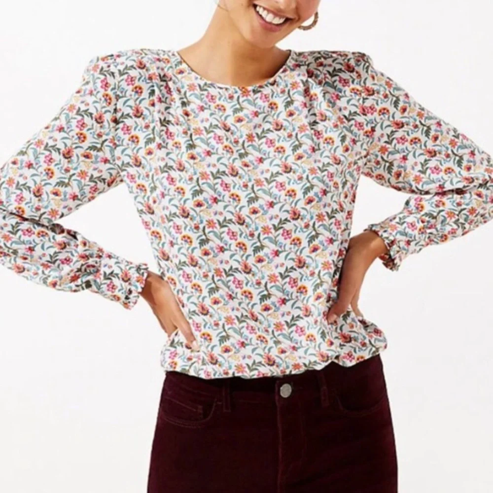 LOFT Floral Puff Sleeve LS Blouse L